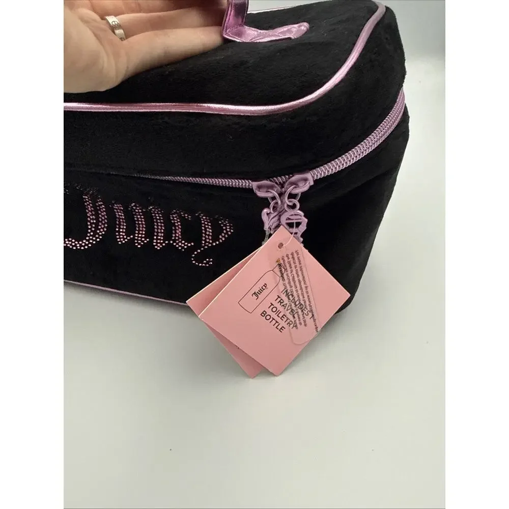 Juicy Couture Black Valour Rhinestone Makeup Bag Train Case Pink Handle NWT